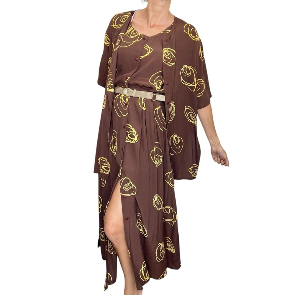 Kaliyana Artwear Ottawa brown yellow abstract floral skirt jacket top 3 pc set M